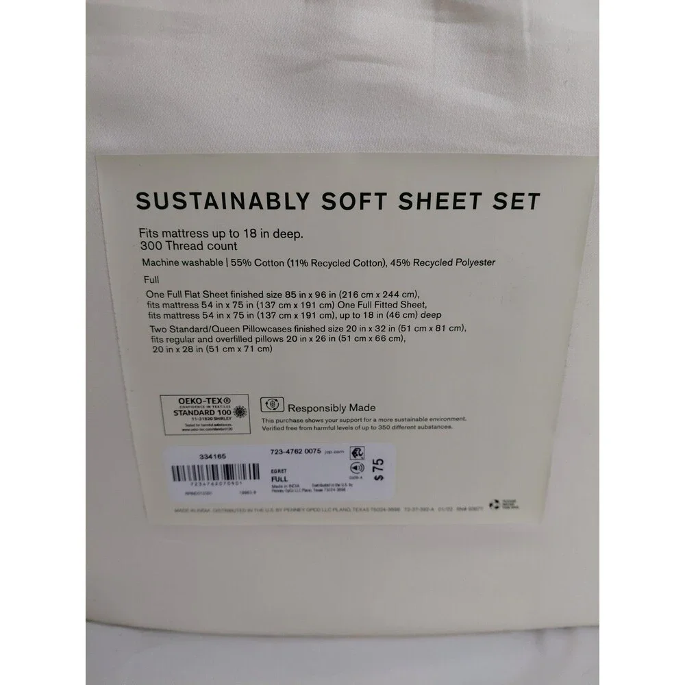 Linden Street Full Size Sheet Set White Egret Soft 300 TC 4pc